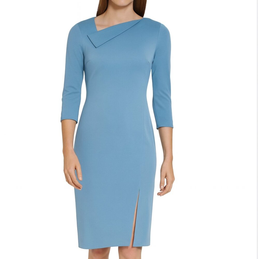 Calvin Klein Women's 3/4 Sleeve Drape Neck, Slit Trim Solid Sheath Dress in blue